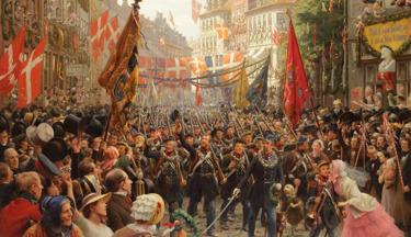 ​De tapre landssoldater hyldes under deres hjemkomst til København i 1849 (Maleri af Otto Bache).